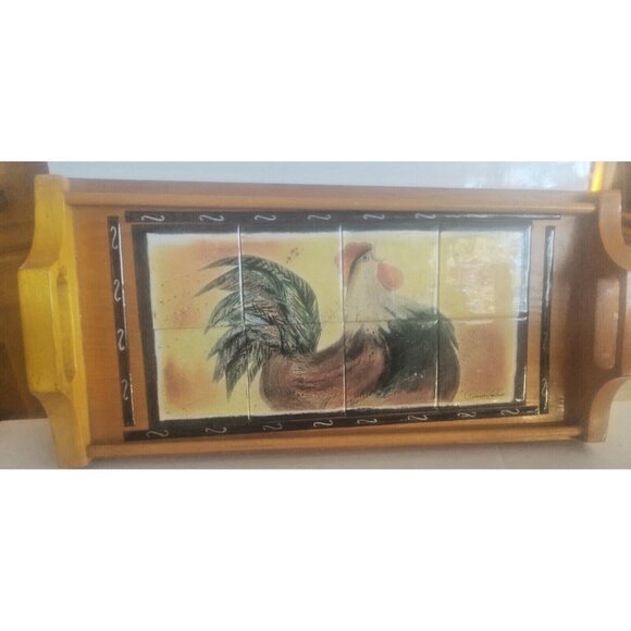 Vintage Handled Wooden Tray with Ceramic Tile Inlaid Rooster Artist Signed - Picture 4 of 13